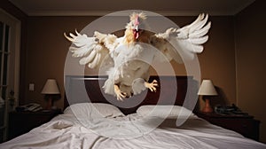 Theatrical Exuberance: Chicken Jumping On Bed Sheets photo