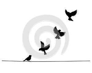 Bird on wire and flying birds silhouettes, vector