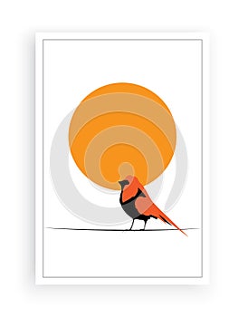 Bird on wire on sunset, vector. Scandinavian minimalist art design. Poster design, wall art, artwork. Robin Bird Silhouette