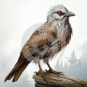 Bird On Wooden Log: Changelingcore Illustration With Caninecore And Goosepunk Elements