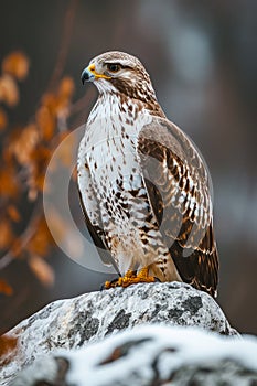 Bird with yellow beak and brown body perched on rock. Generative AI