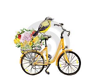 Bird on yellow bicycle and flowers in basket. Watercolor