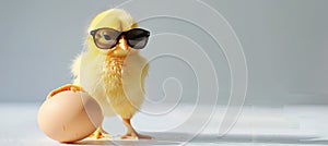 A bird with yellow feathers and eyewear perching on an egg. Cute and stylish