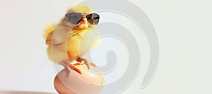 A bird with yellow feathers and eyewear perching on an egg. Cute and stylish