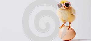 A bird with yellow feathers and eyewear perching on an egg. Cute and stylish