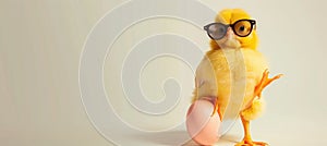 A bird with yellow feathers and eyewear perching on an egg. Cute and stylish