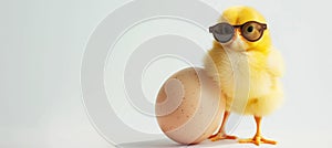 A bird with yellow feathers and eyewear perching on an egg. Cute and stylish