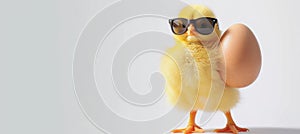 A bird with yellow feathers and eyewear perching on an egg. Cute and stylish