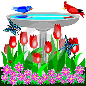 Birdbath and tulips