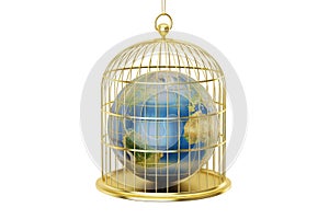 Birdcage with Planet Earth trapped inside, 3D rendering