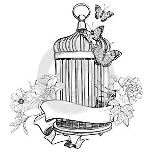 Birdcage wih ribbon, flowers and butterfly