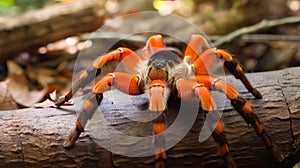 Birdeater tarantula spider Brachypelma smithi in natural forest environment. Bright orange colourful giant arachnid. AI Generative