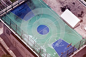 A birdeye view of a basketball court in the city of Hong Kong, China