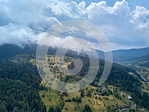 Birdeye view of rural landscape in mountains. photo