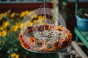 birdfeeder filled with colorful sunflower seeds