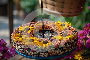 birdfeeder filled with colorful sunflower seeds