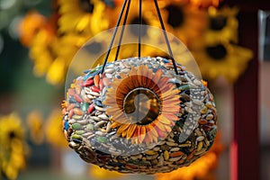 birdfeeder filled with colorful sunflower seeds