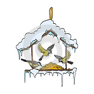 Birdfeeder in winter forest. Vector