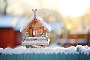 birdhouse on a frosty winter morning, snow on the roof