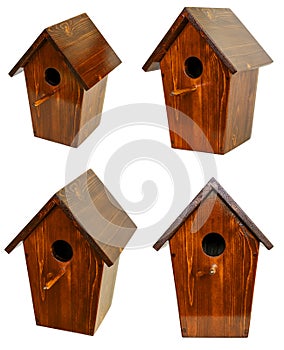 Birdhouse isolated on white background. Birdhouse made by hand. Wooden birdhouse for starlings from different angles
