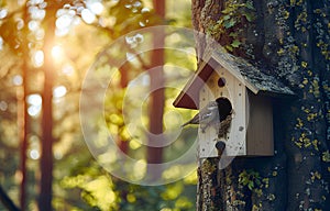 Birdhouse, nesting box on the tree trunk in the summer forest, sunny day