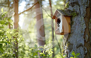 Birdhouse, nesting box on the tree trunk in the summer forest, sunny day