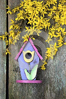 Birdhouse on old wooden fence