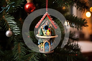 birdhouse ornament with a singing bird on a christmas tree