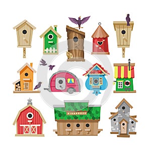 Birdhouse vector cartoon birdbox and birdie wooden house illustration set of birds singing birdsongs in decorative house