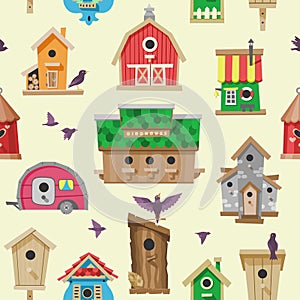 Birdhouse vector cartoon birdbox and birdie wooden house illustration set of birds singing birdsongs in decorative house