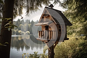 birdhouse with view of peaceful lake, surrounded by tall trees