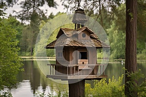 birdhouse with view of peaceful lake, surrounded by tall trees