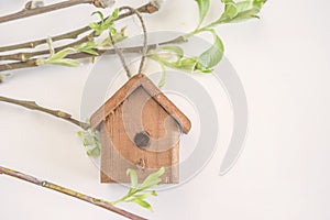 Birdhouse on willow twigs on white background