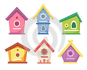 Birdhouses collection. Garden bird houses for feeding birds. Vector illustration