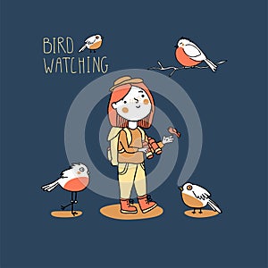 Young girl bird watching. Birding and ornithology concept photo