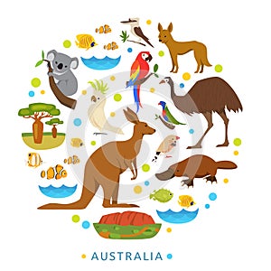 Birds and animals of Australia in round design.