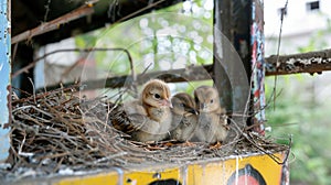 Birds and animals in wildlife. The swallow feeds the baby birds nesting