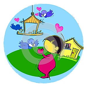 Birds and Asian Child Baby Cartoon