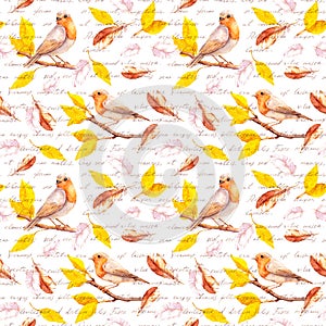 Birds on autumn branch with yellow leaves, falling feathers. Seamless pattern with hand written text - I love you words