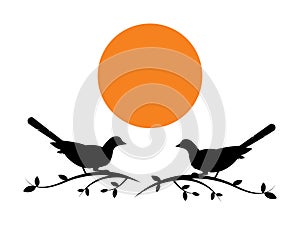 Birds Couple Silhouette on Branch, Vector. Birds in love Silhouette, Wall Decals, Couple of Birds in Love, Art Decoration