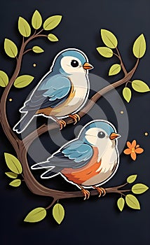 birds on a branch of a tree sticker dark background ai generated