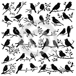 Birds on branches silhouettes. Nature birding vines stencils on white, tree branch with sitting bird silhouette