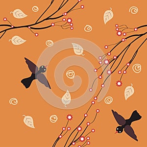 Birds, brunches seamless pattern