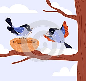 Birds building nest vector illustration