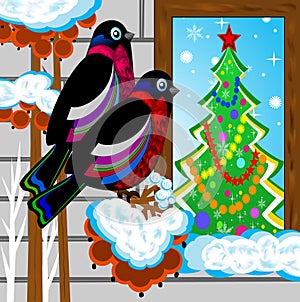 Birds are bullfinchs on the tree of wild ash and new-year tree