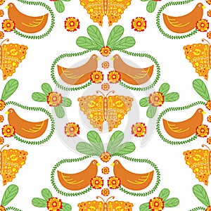 Birds and Butterfly Floral Folk Vector Pattern