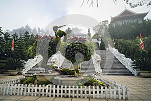 Birds carved out of the bushes. Decorative bushes. Plants on the square in front of the monastery. Stone Steps in Ba na Hill