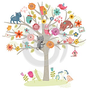 Birds and cats on the tree. Vector illustration