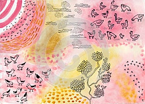 Birds and chickens, traces of bird paw prints drawn with a gel pen. Abstract watercolor hand drawn background in pink and beige co