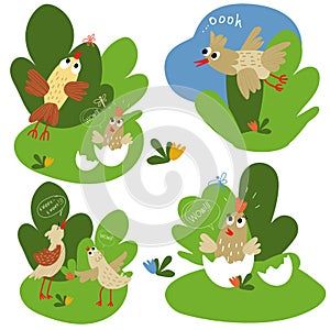 Birds, chicks, trills, chirping, flying bird, children`s, funny, stickers, packaging, banners, comics, spring, summer, clearing, s
